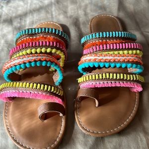 Colorful Multistrap Beaded Fringe Slide Sandals - Turquoise/Pink/Yellow